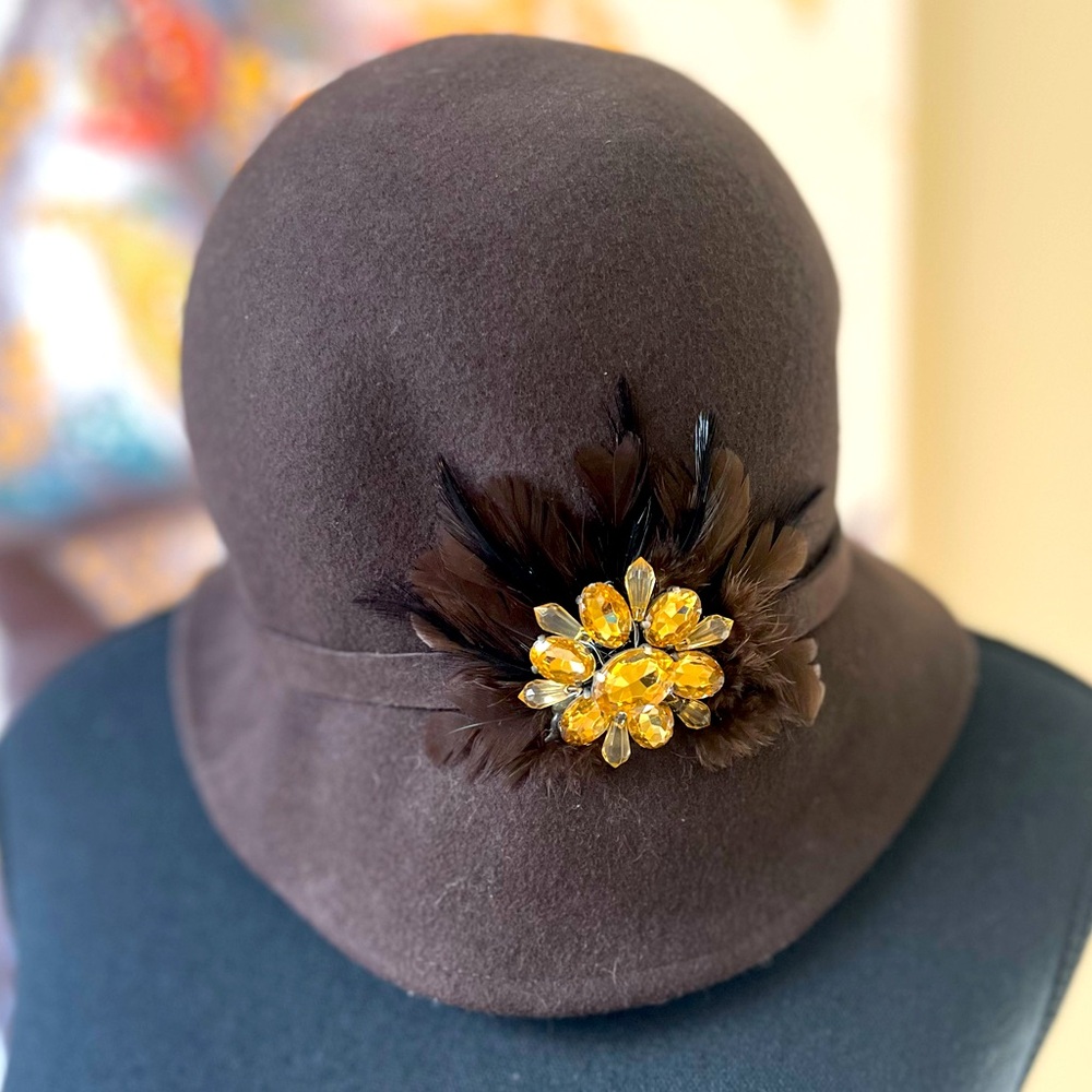 Cloche Hat 100% Wool Brown Feather Flower Faux Jewelry one size vintage